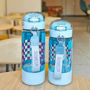Blue plastic sports water cup with straw and strap, portable dual-drink student water bottle