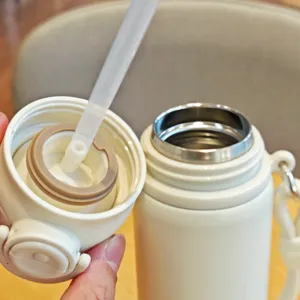 Edelstahl Thermosflasche Innendetail Nahaufnahme mit Strohhalm und praktischem Silikonsiegel.