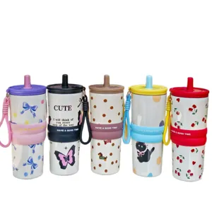 Stainless steel insulated water tumbler cup with straw and cute pattern for travel