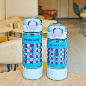 Portable plastic water bottle with straw and lock, blue checkered design for students.