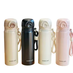 Tragbare vakuumisolierte Trinkflasche mit Tragegurt, stilvoller Edelstahl Thermobecher.