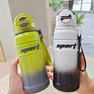 Modern Minimalistisch Edelstahl Thermoskanne Große Kapazität Sport Wasserflasche Mit Strohhalm Trageschlaufe Farbverlauf Auslaufsicher Reisebecher Für Outdoor