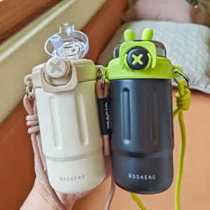 Schattige Konijnenkop Roestvrijstalen Thermosbeker Met Rietje Crossbody Voor Kinderen Studenten 400ml Vacuüm Geïsoleerde Waterfles Voor School Reizen
