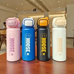 Stainless steel vacuum flask with cute handle, portable double drink thermal water bottle.