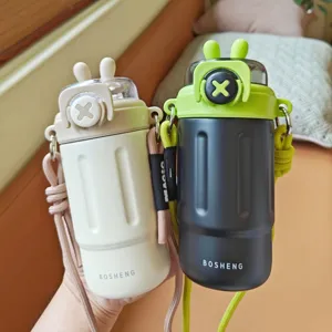 Leuke konijnenoor kinderen thermoskan met strap draagbare roestvrijstalen waterfles.