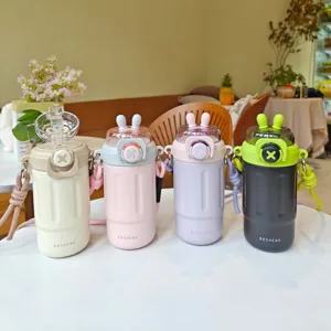 Schattige konijnenoor waterfles met riem, kinder rietje thermosbeker 4 kleuren