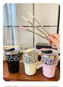Edelstahl Thermobecher mit Strohhalm und Henkel, niedliches Graffiti Design Kaffeebecher Alltag.