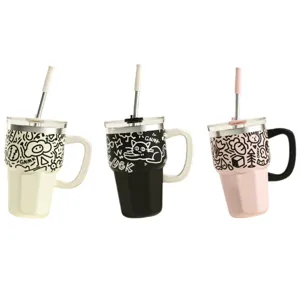 Edelstahl Thermobecher mit Strohhalm und süßem Graffiti Design, tragbarer Kaffeetasse mit Henkel.