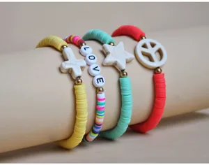 Colorful polymer clay heishi bead bracelets set with stone star cross charms for women jewelry
