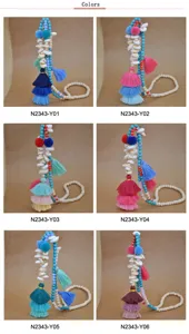Boho colorful tassel beaded necklace long pendant beach style shell turquoise jewelry