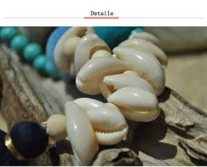 Handmade bohemian style shell turquoise bead long necklace detail beach summer jewelry