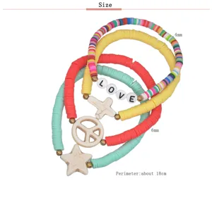 Colorful polymer clay heishi bead bracelets set with peace star cross charms boho jewelry