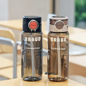 Detailed view of the plastic straw water bottle with dual-drink design for outdoor use.