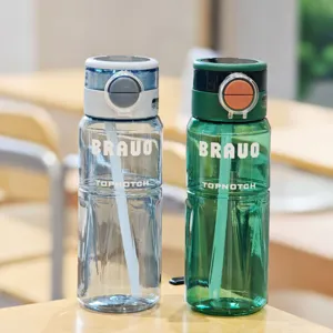 Detail view of stylish plastic water bottles with straws, dual-drinking design for outdoor sports.