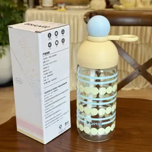 Glas-Trinkbecher mit Strohhalm 300ml, Streifen-Punkt-Design, hitzebeständiger Tumbler.