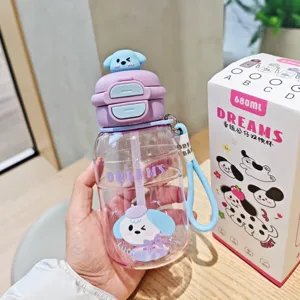 Süße Cartoon Welpe Strohhalm Kunststoff Wasserflasche mit Deckel und Tragegurt für Studenten.
