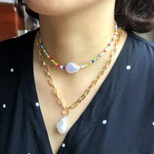 Collana a Strati Fatta a Mano Francese Con Perline Colorate per Donna Catena in Metallo Lega Dorata Ciondolo Perla Artificiale Barocca