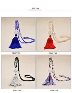 Lunga collana di perle di cristallo con ciondolo segno della pace, gioiello pullover.