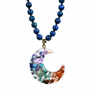 Handgemachte Naturstein lange Kette mit Kristallsplitter Mond Anhänger Damen Modeschmuck