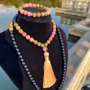 Natural stone beaded jewelry set with long tassel necklace and elastic bracelet for women.
