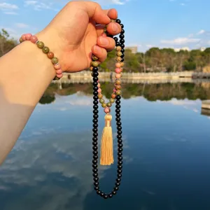 Natural stone prayer beads 108 mala necklace and elastic bracelet jewelry set for women.