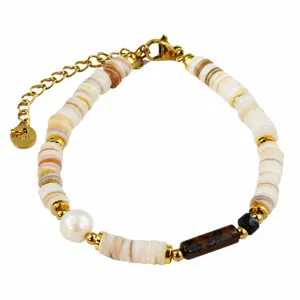 Bracelet perles coquillage perle oeil de tigre acier inoxydable réglable variante bijou