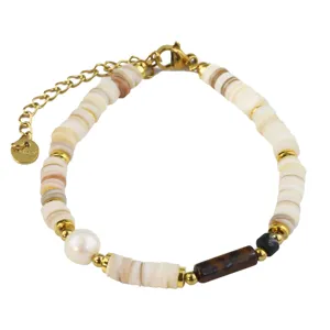 Bracelet coquillage tendance avec perle naturelle et oeil de tigre, bijou chic femme.