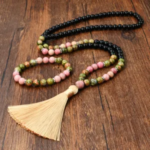 Natural Black Stone Unakite Mala Beads Necklace Bracelet Set Long Layered Tassel Pendant Yoga Meditation Jewelry For Women