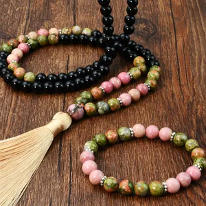 Natural stone prayer beads necklace tassel and bracelet set for bohemian jewelry lovers.