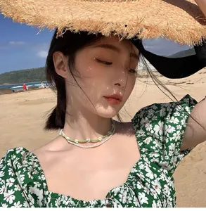 Collier multicouche coréen de perles et marguerites pour femmes, bijoux de plage tendance.