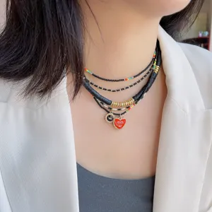 Mehrlagige Perlen Herz Anhänger Halskette Legierung Krone Charm Kette Schwarz Glas Samenperlen Choker Für Damen Modeschmuck Geschenk