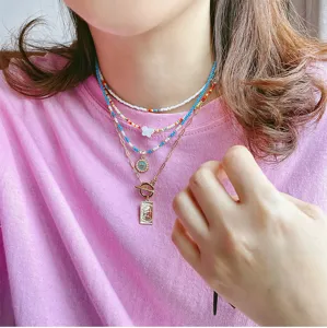 Layered beaded necklace for women, colorful seed beads with cute butterfly and coin pendant.