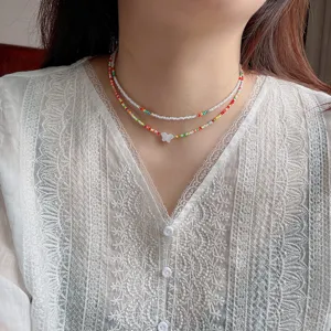 Colorful seed bead double layer necklace with white butterfly pendant for women daily wear style