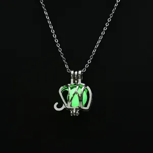 Luminous elephant locket necklace glowing green pearl pendant silver chain jewelry gift