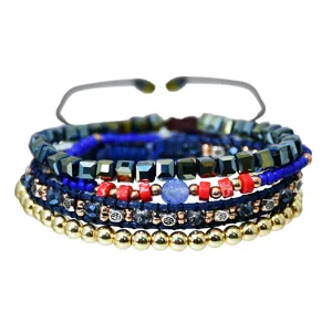 Boho multi-layer handmade beaded bracelet blue semi-precious stone crystal hand rope