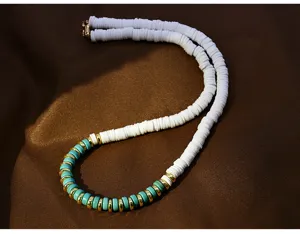 Trendy polymer clay disc necklace with turquoise beads and gold spacers chic choker jewelry