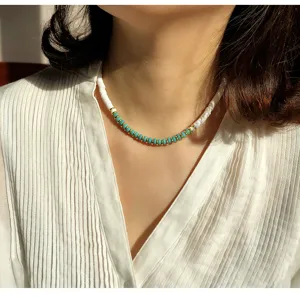 Short polymer clay bead clavicle necklace with turquoise and gold spacer beads for stylish daily wear