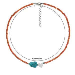 Orange crystal beaded necklace with turquoise heart charm and extension chain, trendy clavicle chain.
