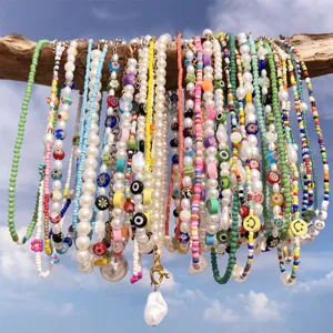 Colorful dopamine seed bead pearl flower choker necklace set for women summer fashion jewelry.