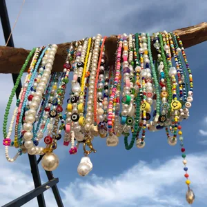 Colorful beaded pearl necklace set, summer dopamine style handmade choker with cute charms.
