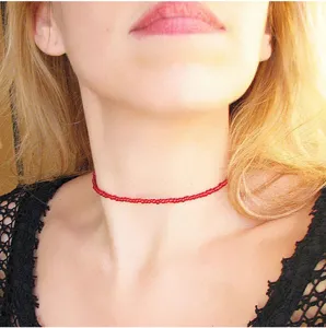 Red seed bead choker necklace for women, minimalist short dainty beaded clavicle chain jewelry.