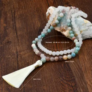 Collana lunga con perle amazonite nappa pietra preziosa catena maglione donna chic