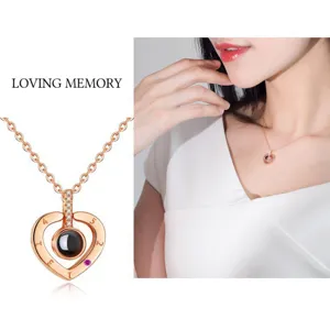 Heart Shape 100 Languages I Love You Projection Necklace Copper Zirconia Loving Memory Clavicle Chain Valentine Gift For Women