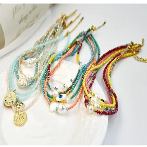 Colorful crystal beaded necklace multilayer handmade pearl choker jewelry for women and girls daily wear.