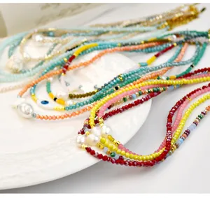 Colorful crystal beaded necklace with pearls handmade korean style choker jewelry for women