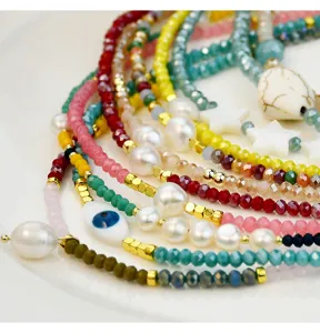 Korean style colorful crystal beaded necklace handmade pearl choker jewelry for women