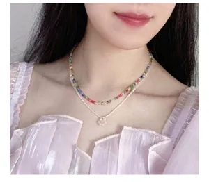 Korean ins style colorful crystal beaded double layered necklace women fashion jewelry detail shot