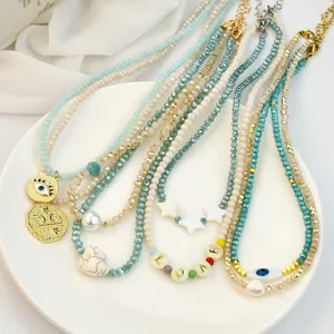 Korean Style Colorful Artificial Crystal Beads Choker Necklace Handmade Artificial Pearl Alloy Pendant Clasp Star Moon Lock Bone Chain Jewelry Gift For Women