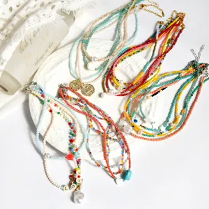 Colorful crystal beaded necklace handmade pearl choker multi layer jewelry fashion