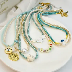 Colorful crystal beaded necklace set, handmade multi-layer pearl clavicle chain for women.